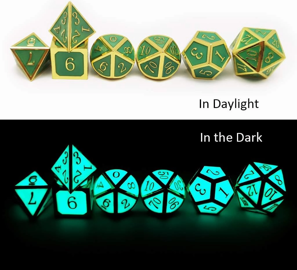Haxtec Glow in The Dark Glowing Blue Metal Dice Set D&D W/Dragon Dice Bag 7PCS DND Dice Set for Dungeons and Dragons RPG Games-Gold Glowing Blue-V2
