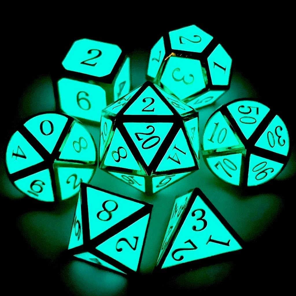 Haxtec Glow in The Dark Glowing Blue Metal Dice Set D&D W/Dragon Dice Bag 7PCS DND Dice Set for Dungeons and Dragons RPG Games-Gold Glowing Blue-V2