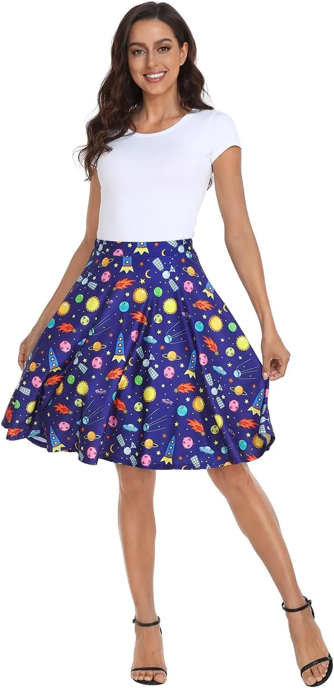 HDE Skirts for Women - Midi Skirt Skater Skirt Knee Length High Waist Fun Prints