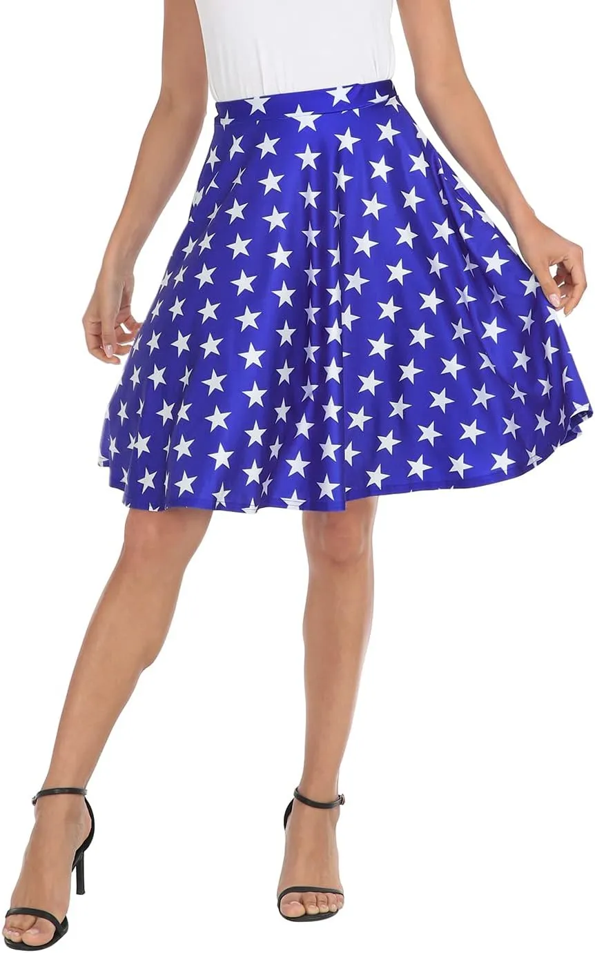HDE Skirts for Women - Midi Skirt Skater Skirt Knee Length High Waist Fun Prints