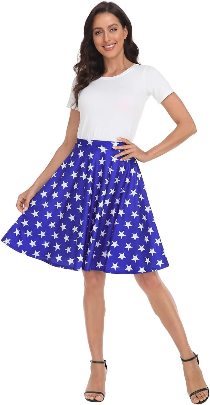 HDE Skirts for Women - Midi Skirt Skater Skirt Knee Length High Waist Fun Prints