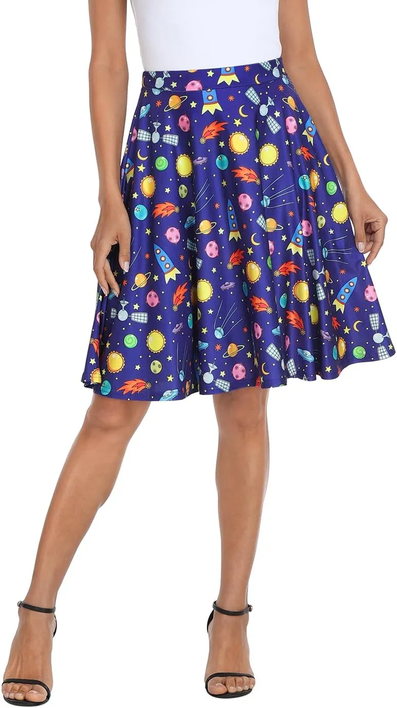 HDE Skirts for Women - Midi Skirt Skater Skirt Knee Length High Waist Fun Prints