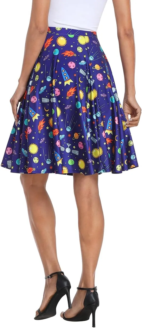 HDE Skirts for Women - Midi Skirt Skater Skirt Knee Length High Waist Fun Prints