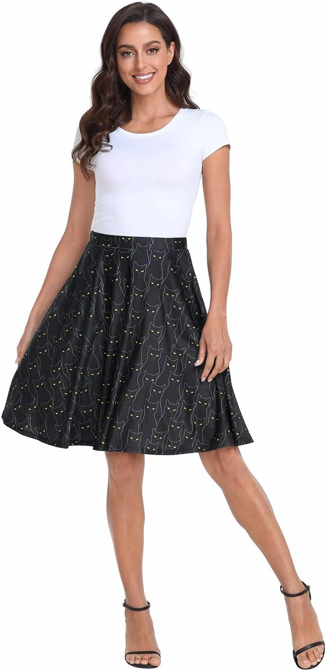 HDE Skirts for Women - Midi Skirt Skater Skirt Knee Length High Waist Fun Prints