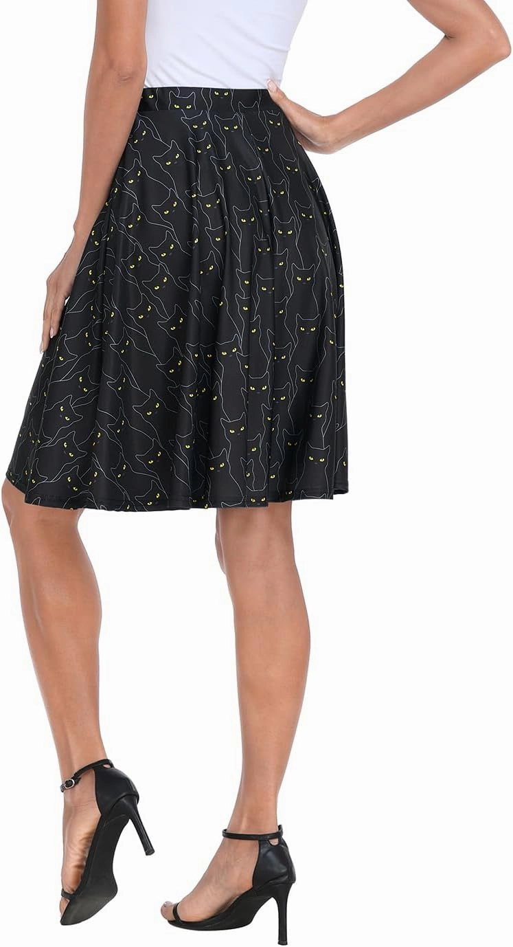 HDE Skirts for Women - Midi Skirt Skater Skirt Knee Length High Waist Fun Prints