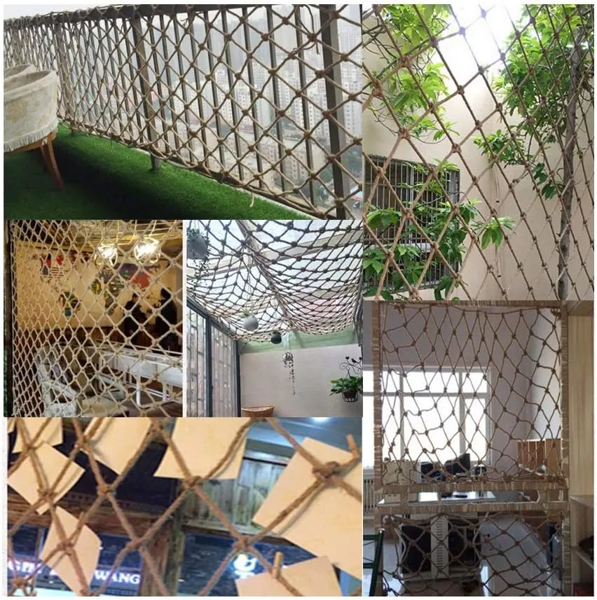 Hemp Climbing Net Hemp Rope Net for Kid Truck Trailer Heavy Duty Netting Safety Nets Cargo Rope Ladder Safety Net Fence Decor Mesh,for Playground Indoor Outdoor Diameter 6mm