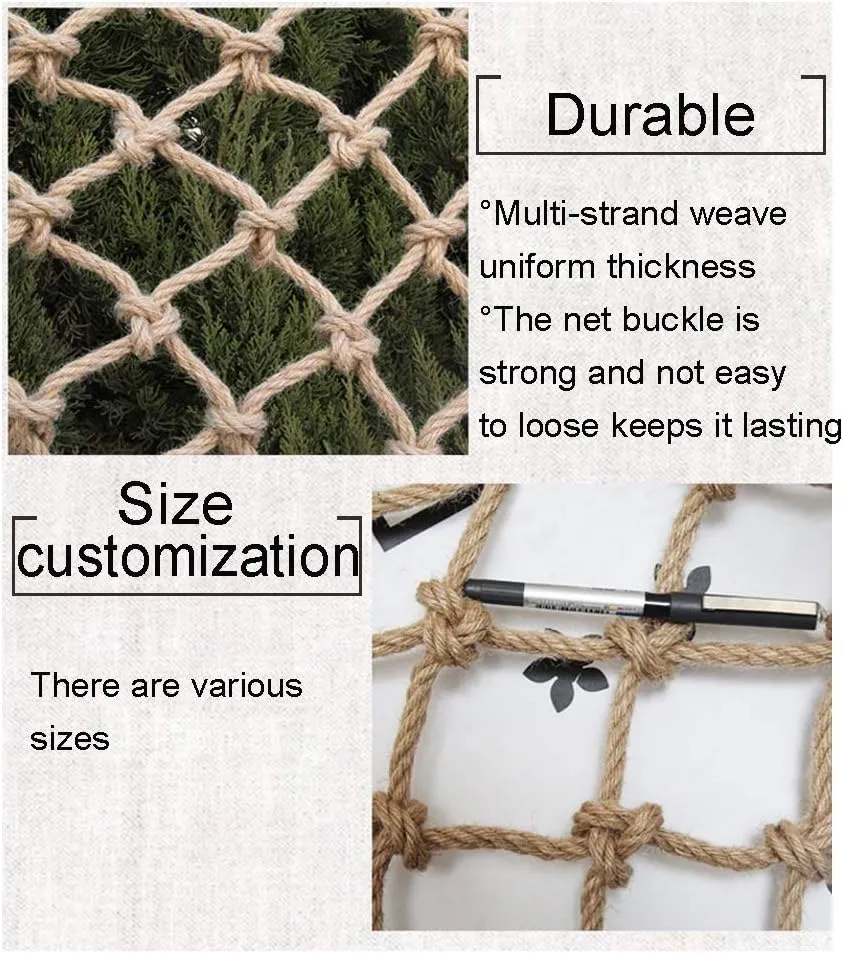 Hemp Climbing Net Hemp Rope Net for Kid Truck Trailer Heavy Duty Netting Safety Nets Cargo Rope Ladder Safety Net Fence Decor Mesh,for Playground Indoor Outdoor Diameter 6mm