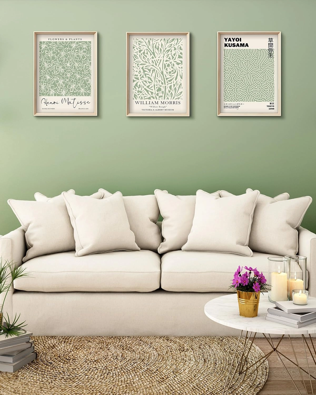 HesenDot Framed Matisse Sage Green Wall Art,William Morris Canvas Wall Decor,16x12IN High Framed Wood Design Prints,Minimalist Classic Decor Aesthetic for Living Room,Bedroom,Bathroom Set of 3