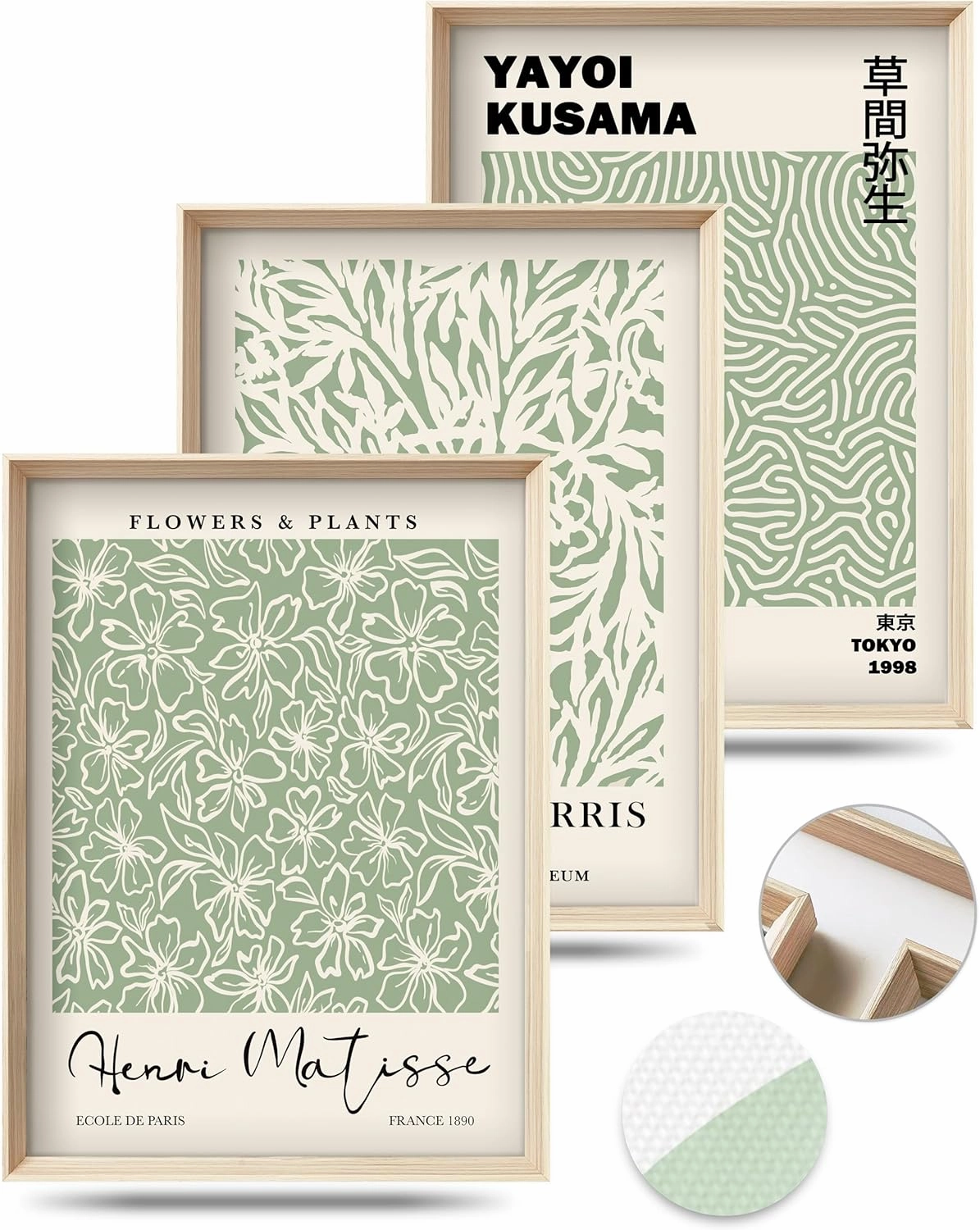 HesenDot Framed Matisse Sage Green Wall Art,William Morris Canvas Wall Decor,16x12IN High Framed Wood Design Prints,Minimalist Classic Decor Aesthetic for Living Room,Bedroom,Bathroom Set of 3