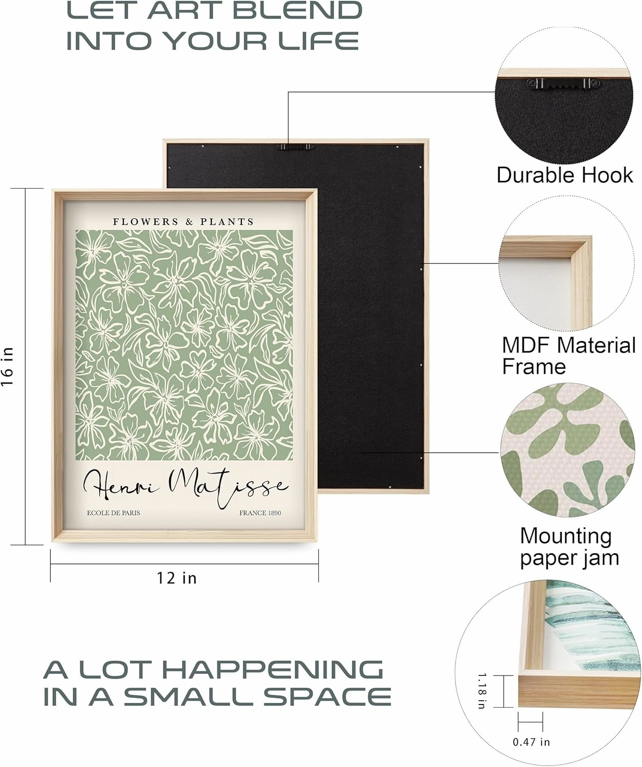 HesenDot Framed Matisse Sage Green Wall Art,William Morris Canvas Wall Decor,16x12IN High Framed Wood Design Prints,Minimalist Classic Decor Aesthetic for Living Room,Bedroom,Bathroom Set of 3
