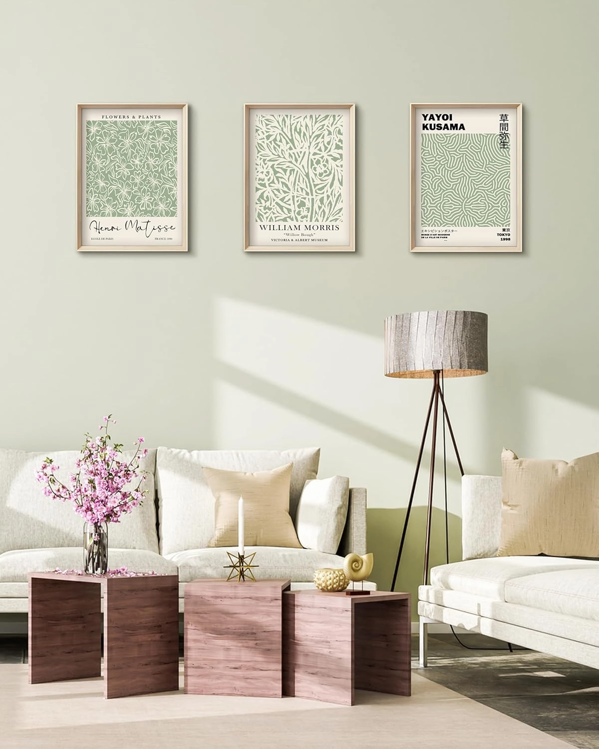 HesenDot Framed Matisse Sage Green Wall Art,William Morris Canvas Wall Decor,16x12IN High Framed Wood Design Prints,Minimalist Classic Decor Aesthetic for Living Room,Bedroom,Bathroom Set of 3