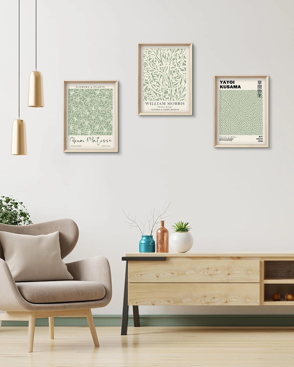 HesenDot Framed Matisse Sage Green Wall Art,William Morris Canvas Wall Decor,16x12IN High Framed Wood Design Prints,Minimalist Classic Decor Aesthetic for Living Room,Bedroom,Bathroom Set of 3