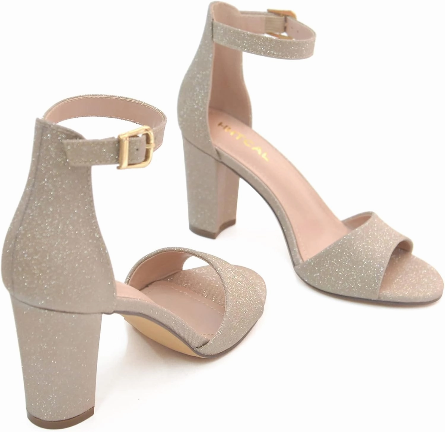 HHTCAL Ankle Strap Chunky Block High Heels for Women Sexy Strappy Fashion Buckle Round Open Toe Heeled Sandals Bridesmaid Bride Party Wedding Shoes