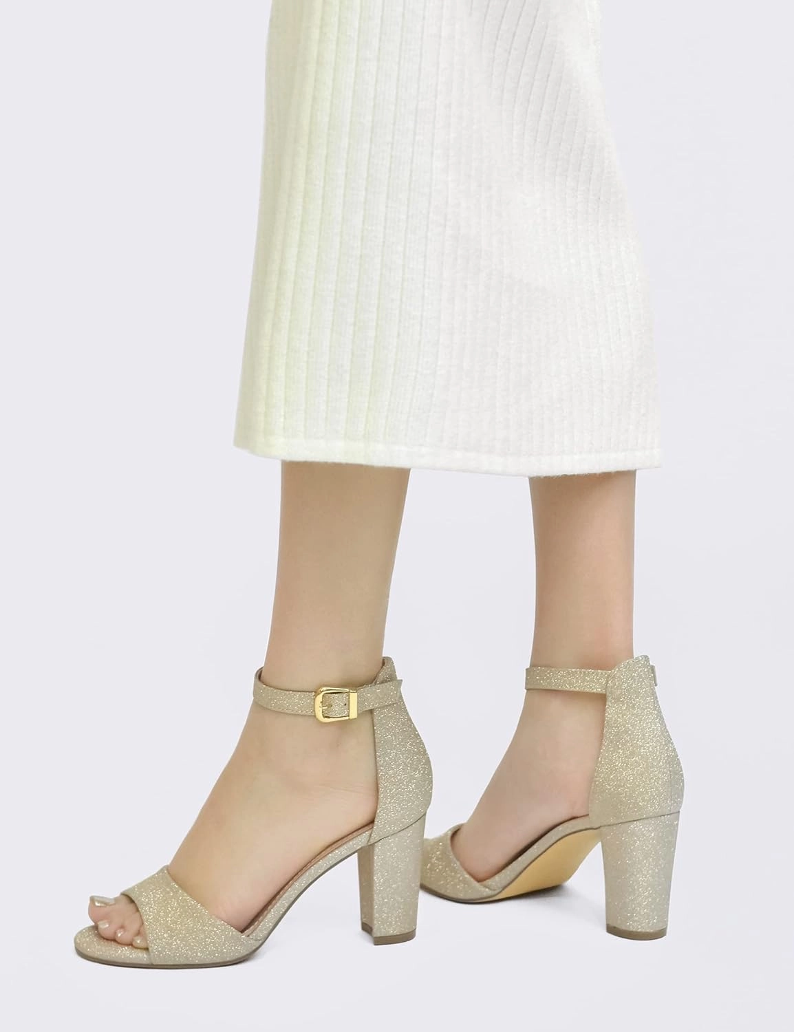 HHTCAL Ankle Strap Chunky Block High Heels for Women Sexy Strappy Fashion Buckle Round Open Toe Heeled Sandals Bridesmaid Bride Party Wedding Shoes