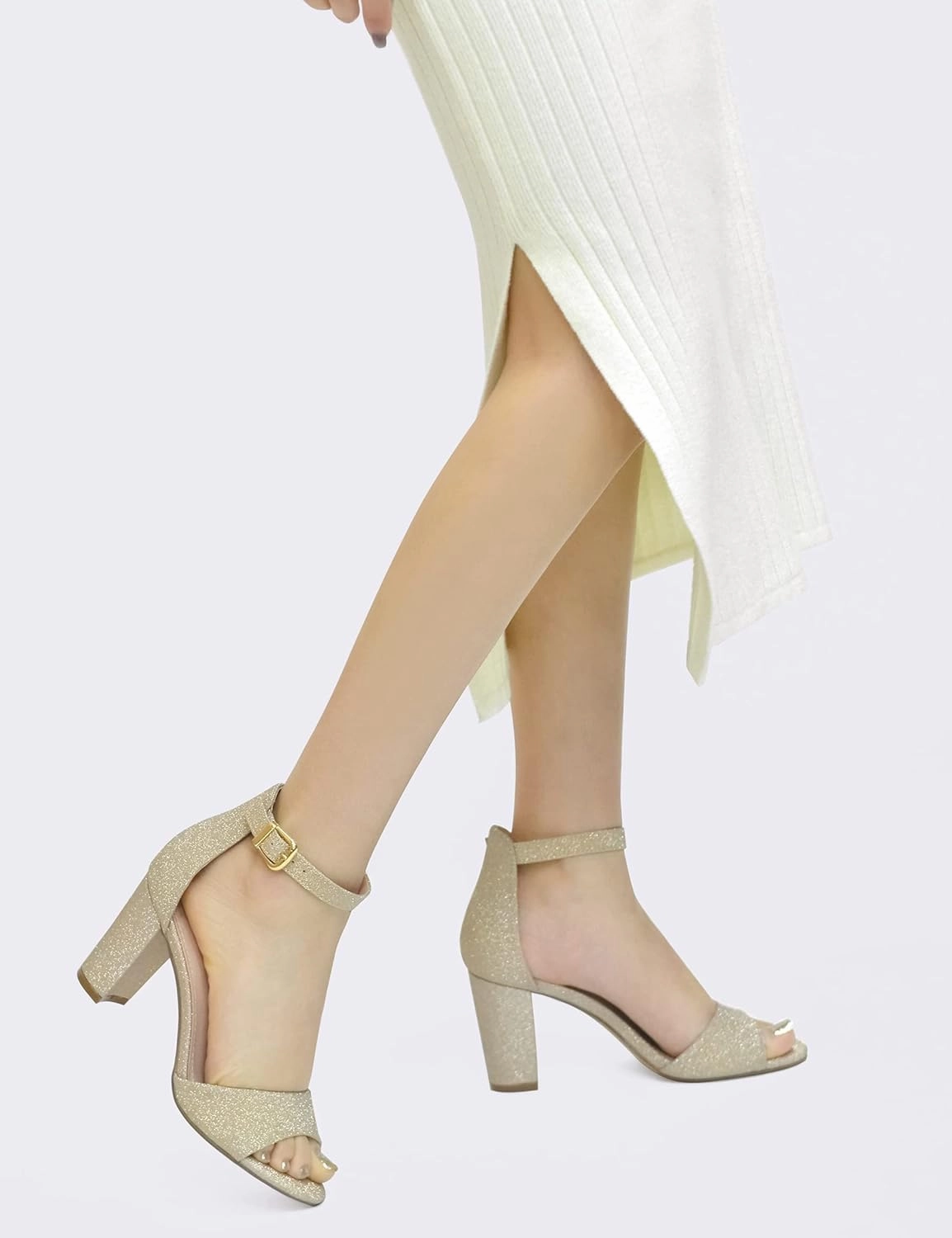 HHTCAL Ankle Strap Chunky Block High Heels for Women Sexy Strappy Fashion Buckle Round Open Toe Heeled Sandals Bridesmaid Bride Party Wedding Shoes