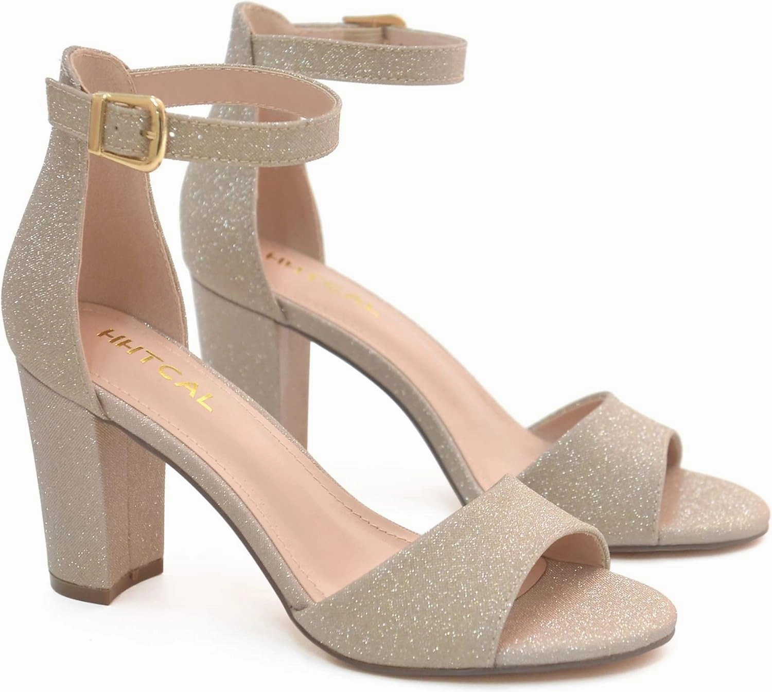 HHTCAL Ankle Strap Chunky Block High Heels for Women Sexy Strappy Fashion Buckle Round Open Toe Heeled Sandals Bridesmaid Bride Party Wedding Shoes