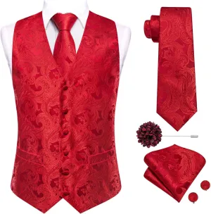 Hi-Tie Mens Silk Suit Vest Jacquard 5PCS Necktie Pocket Square Cufflinks Lapel Pin Formal Wedding Tuxedo