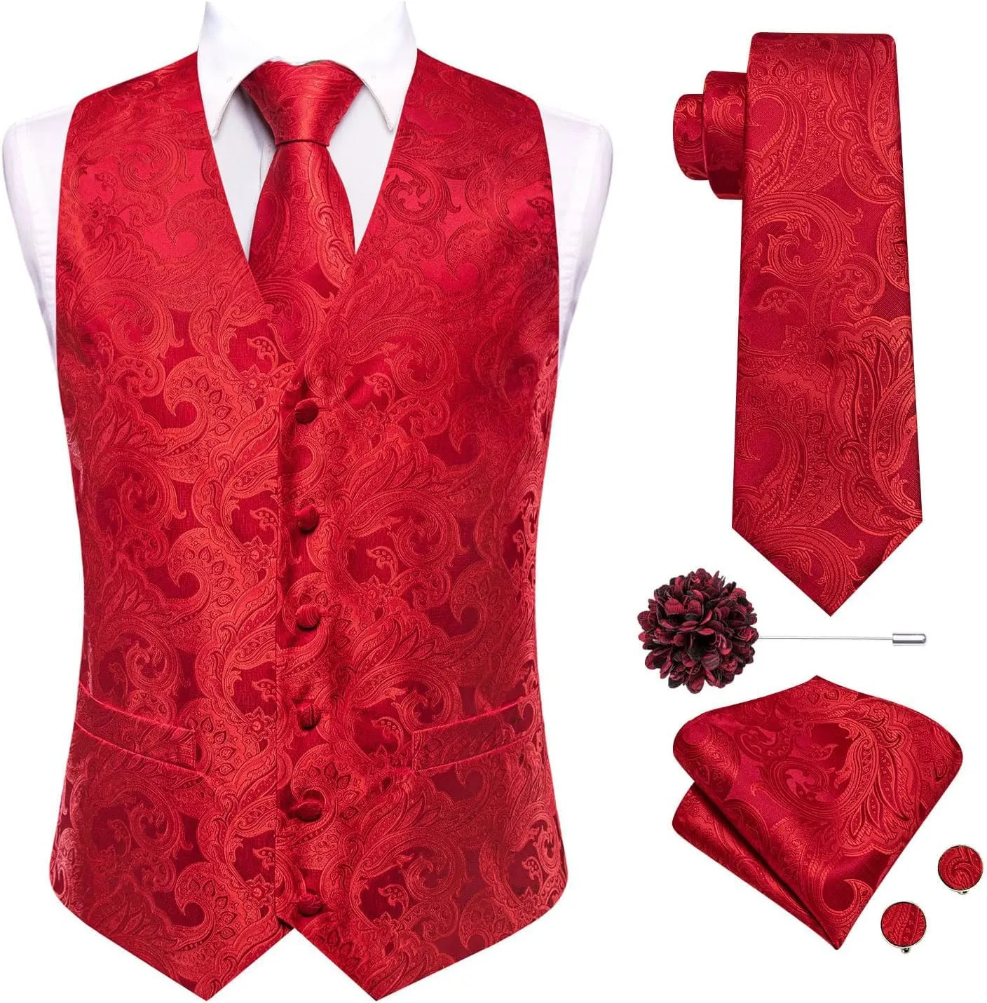 Hi-Tie Mens Silk Suit Vest Jacquard 5PCS Necktie Pocket Square Cufflinks Lapel Pin Formal Wedding Tuxedo