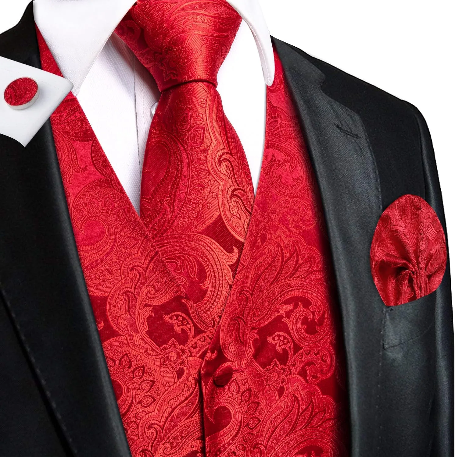 Hi-Tie Mens Silk Suit Vest Jacquard 5PCS Necktie Pocket Square Cufflinks Lapel Pin Formal Wedding Tuxedo