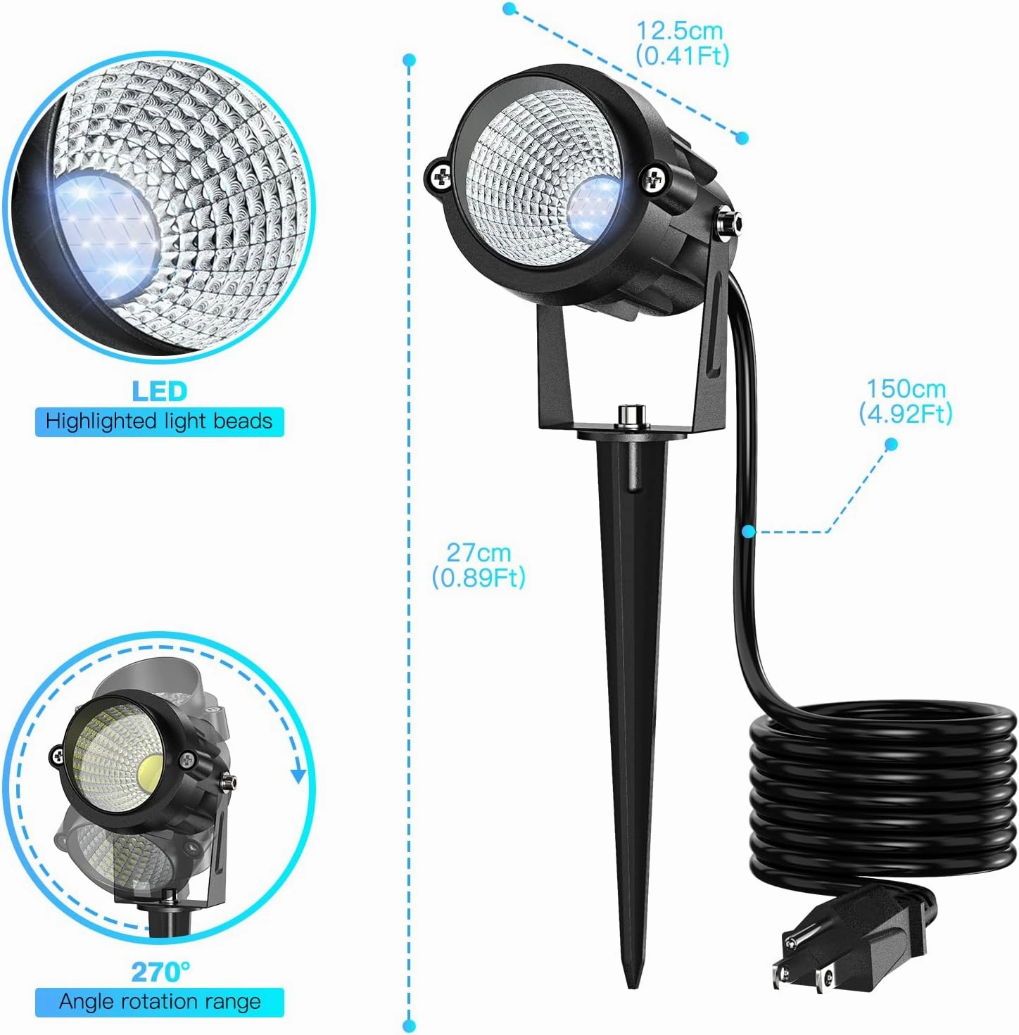 High Brightness 1000LM Outdoor Spot Lights for Yard, 3500K Warm White Spot Lights Outdoor with 4.9FT Electric Cord, 10W LED IP66 Waterproof Landscape Spotlights for Garden Tree Flag - 2 Pack