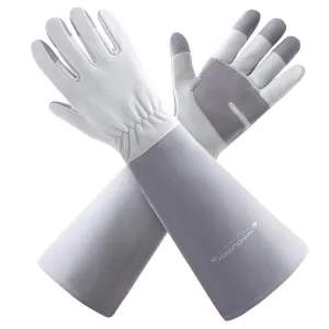 HLDD HANDLANDY Gardening Gloves for Women & Men, Leather Long Sleeve Rose Pruning Glove, Thorn Proof Garden Work Gauntlet Animal Handling Gloves (Large, Gray)