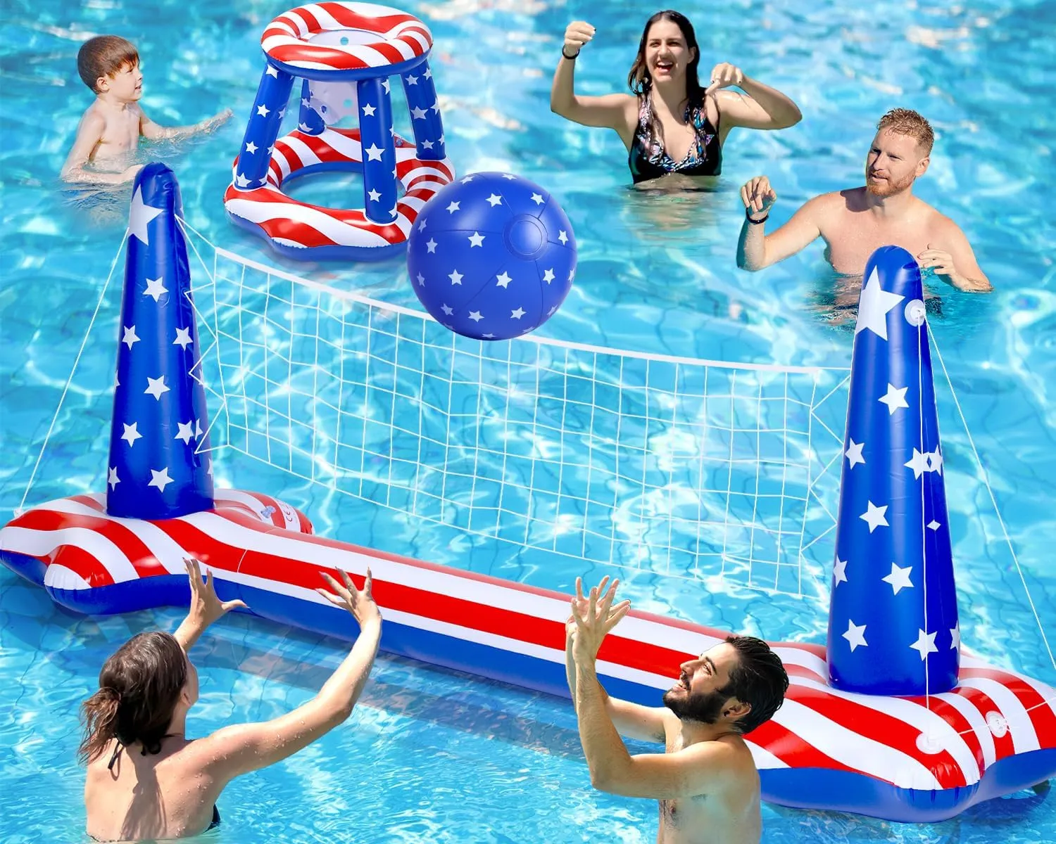 HOLYFUN Swimming Pool Volleyball Net Set Basketball Hoop, Summer Pool Floats Inflatable Water Games for Kids, Teens, Adults and Family