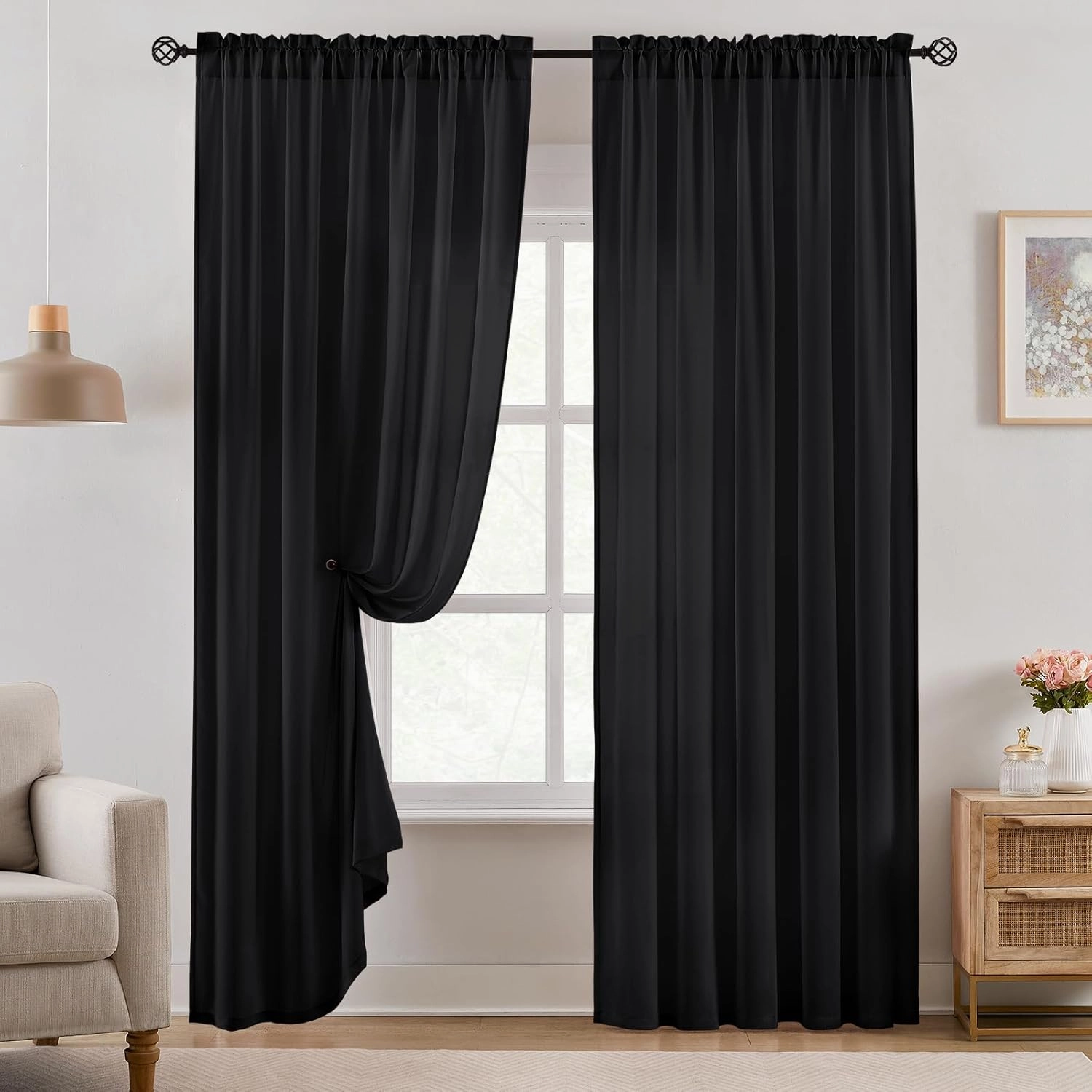 HOMEIDEAS Non-See-Through Black Privacy Sheer Curtains 84 Inches Long 2 Panels Set Light Filtering Curtains for Living Room Bedroom Drapes,W52xL84