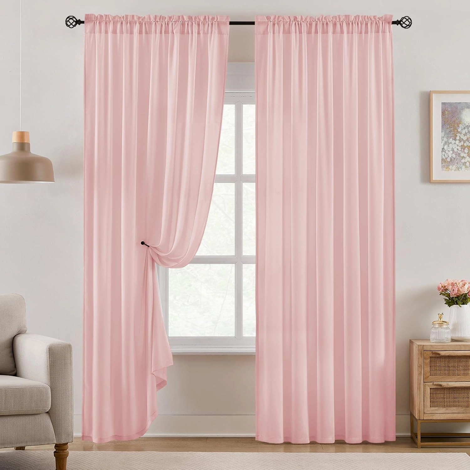 HOMEIDEAS Non-See-Through Pink Privacy Sheer Curtains 84 Inches Long 2 Panels Set Light Filtering Curtains for Living Room Bedroom Drapes,W52xL84