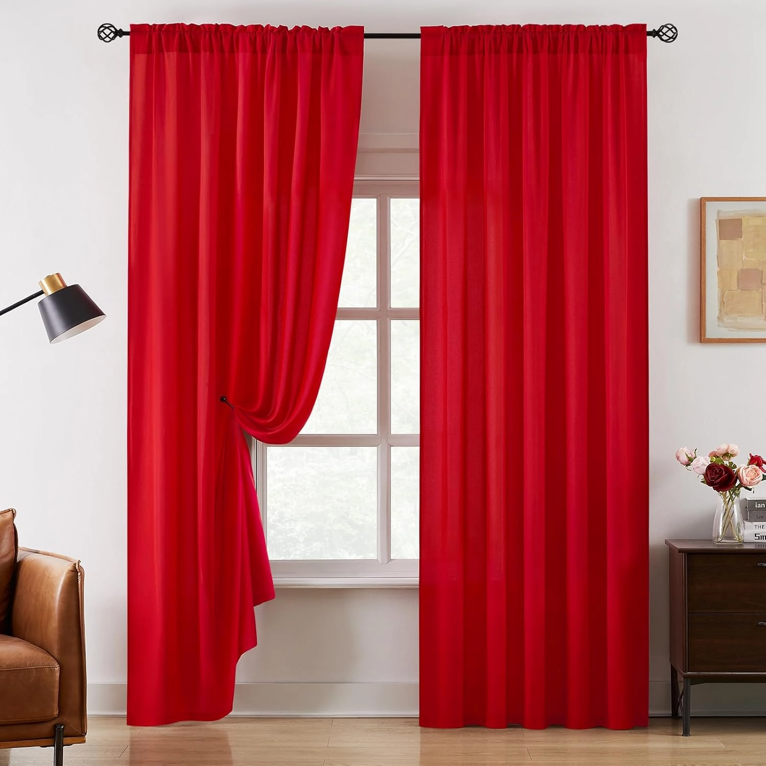 HOMEIDEAS Non-See-Through Red Privacy Sheer Curtains 84 Inches Long 2 Panels Set Light Filtering Curtains for Living Room Bedroom Drapes,W52xL84