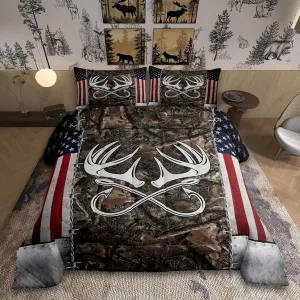 Homewish Deer Antler Fishing Comforter Set Twin Size,Boys Vintage American Flag Bedding Set for Kids Teens Men Room Decor Brown Jungle Branches Camo Quilted Duvet Adventure Hunting Duvet Insert 2pcs