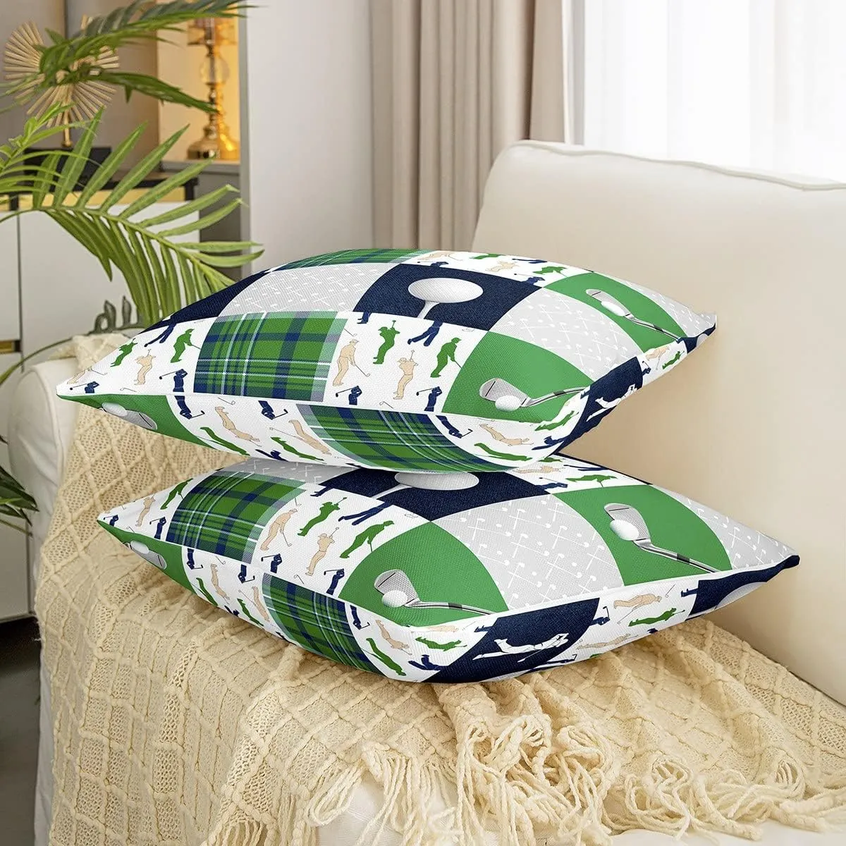 Homewish Golf Themed Throw Pillow Covers Watercolor Green Blue Gray Grid Stripes Cushion Covers for Kids Teens Adults Extreme Sports Game Style Cushion Cases for Bedroom Sofa Car 18x18 Inch Set of 2