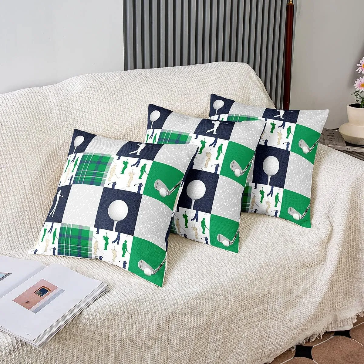 Homewish Golf Themed Throw Pillow Covers Watercolor Green Blue Gray Grid Stripes Cushion Covers for Kids Teens Adults Extreme Sports Game Style Cushion Cases for Bedroom Sofa Car 18x18 Inch Set of 2