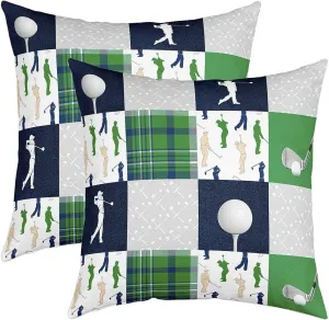 Homewish Golf Themed Throw Pillow Covers Watercolor Green Blue Gray Grid Stripes Cushion Covers for Kids Teens Adults Extreme Sports Game Style Cushion Cases for Bedroom Sofa Car 18x18 Inch Set of 2