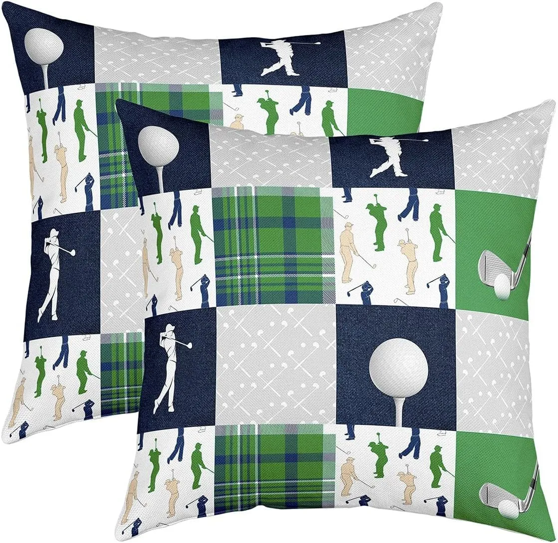 Homewish Golf Themed Throw Pillow Covers Watercolor Green Blue Gray Grid Stripes Cushion Covers for Kids Teens Adults Extreme Sports Game Style Cushion Cases for Bedroom Sofa Car 18x18 Inch Set of 2