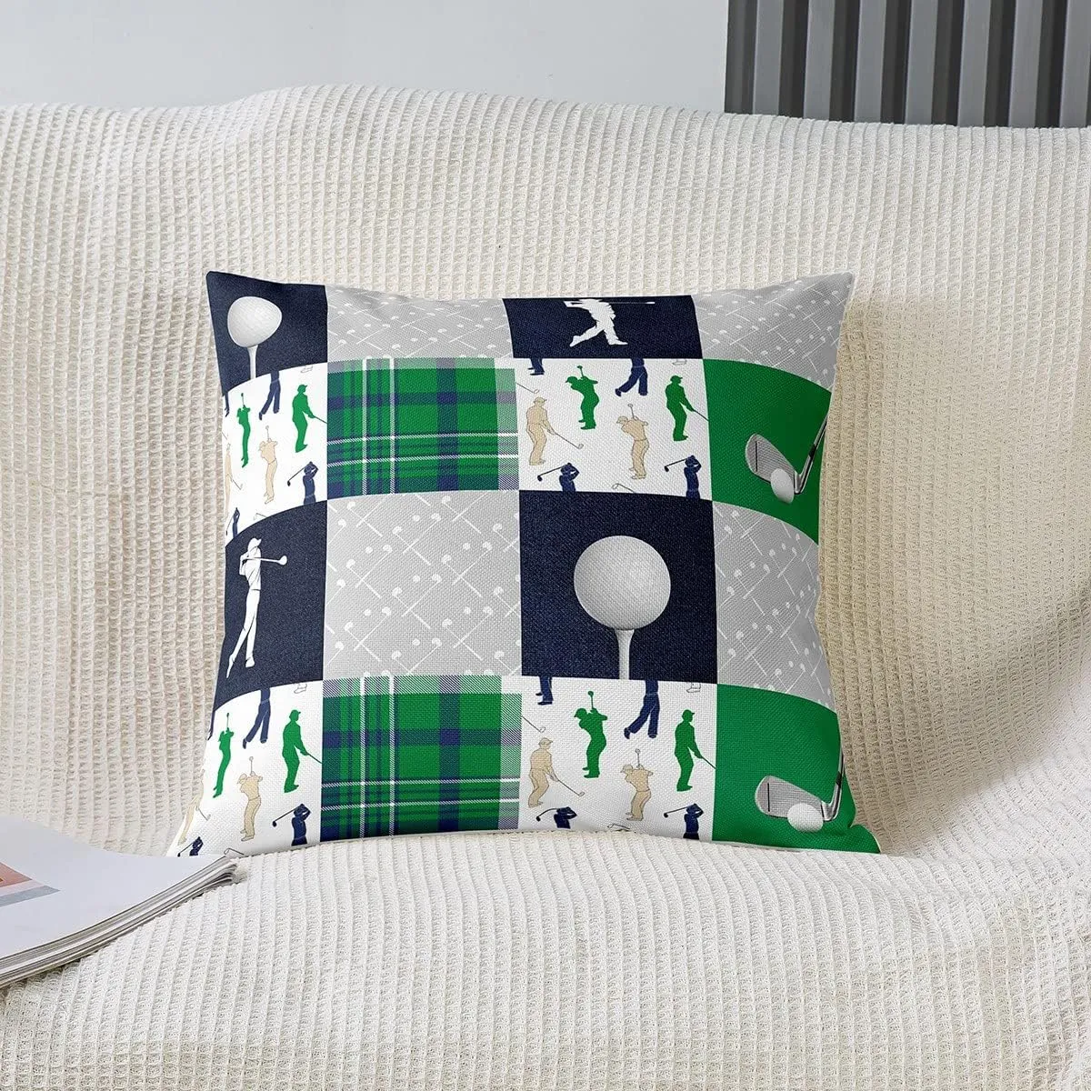 Homewish Golf Themed Throw Pillow Covers Watercolor Green Blue Gray Grid Stripes Cushion Covers for Kids Teens Adults Extreme Sports Game Style Cushion Cases for Bedroom Sofa Car 18x18 Inch Set of 2