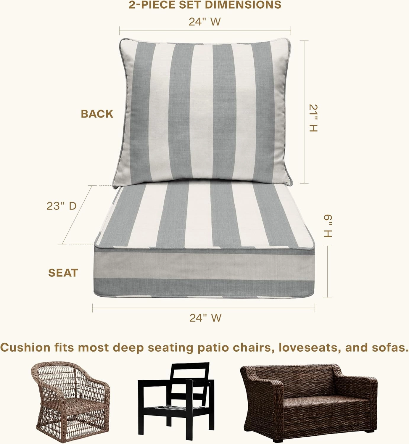 Honeycomb Outdoor Deep Seat, 24" W x 23" D, Cabana Stripe Stone Grey Outdoor Chair Cushion