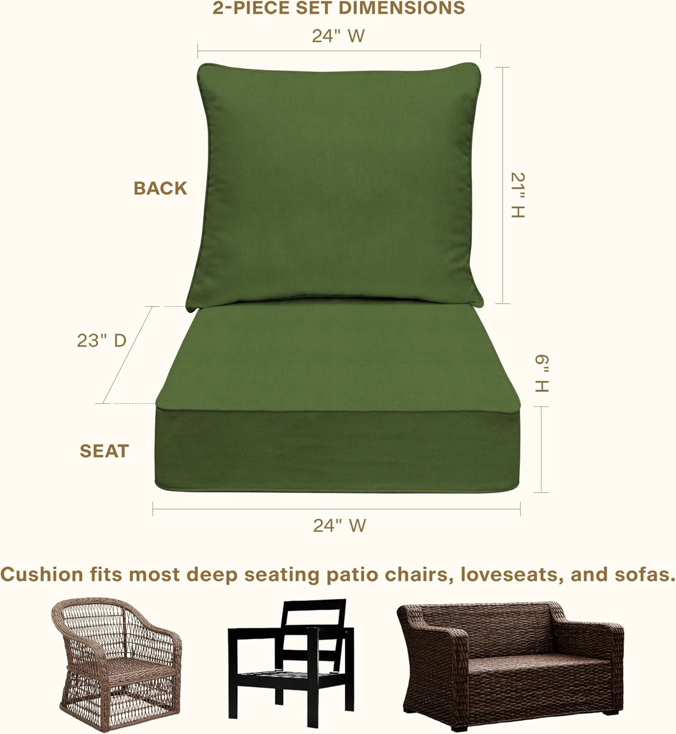 Honeycomb Outdoor Deep Seat, 24" W x 23" D, Textured Solid Artichoke Green Outdoor Chair Cushion