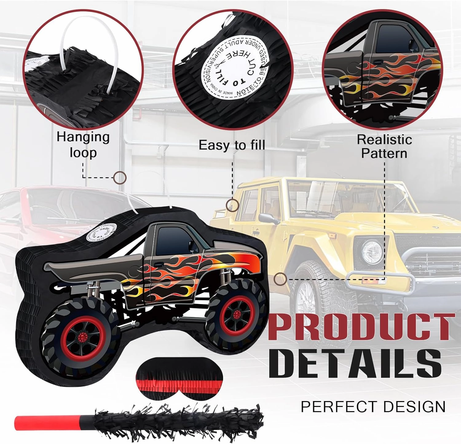 Hooqict Monster Truck Pinata Car Birthday Pinata with Blindfold and Bat Stick for Kids Boys Monster Truck Party Supplies Racing Car Construction Themed Party Decorations