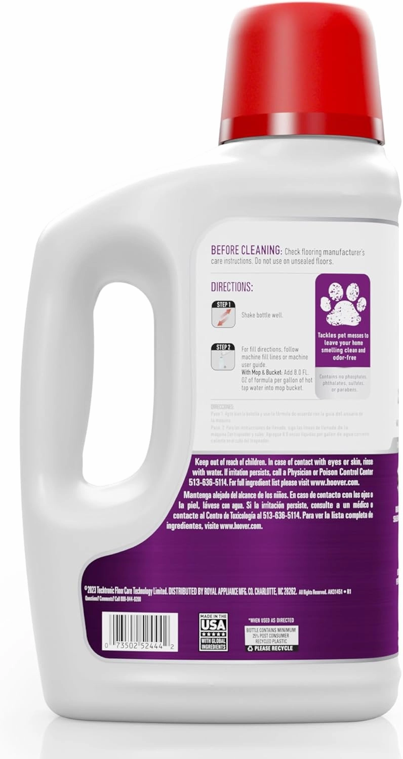 Hoover Pet Hard Floor Cleaner, Concentrated Pet Cleaning Solution for Hard Floor Machines, 64 fl oz Formula, White AH31451