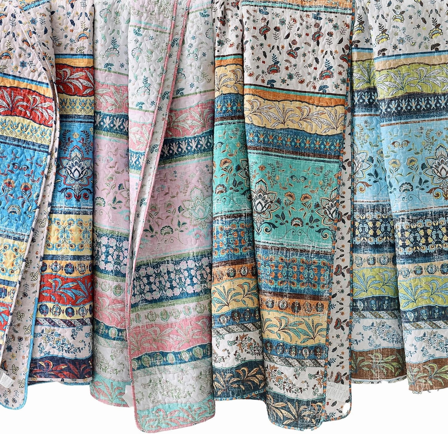 HORIMOTE HOME Boho Style Queen Quilt Set Ruby Bohemian Floral Strip Quilt Beddding Set, Soft and Lightweight Bedspread for All Season, Full Size Bed Coverlet with 2 Matching Pillow Shams (3 Pieces)