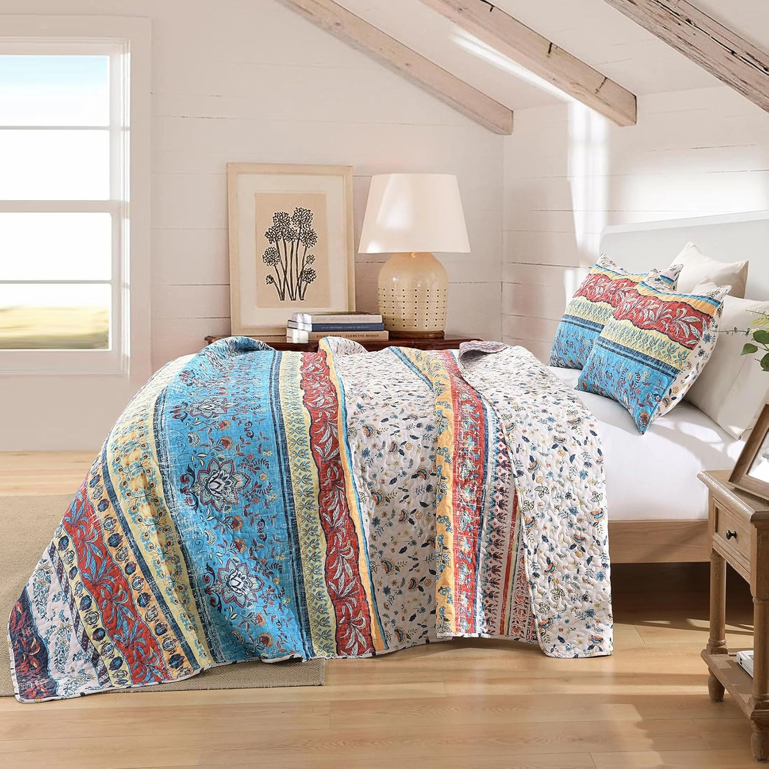 HORIMOTE HOME Boho Style Queen Quilt Set Ruby Bohemian Floral Strip Quilt Beddding Set, Soft and Lightweight Bedspread for All Season, Full Size Bed Coverlet with 2 Matching Pillow Shams (3 Pieces)