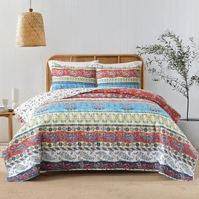 HORIMOTE HOME Boho Style Queen Quilt Set Ruby Bohemian Floral Strip Quilt Beddding Set, Soft and Lightweight Bedspread for All Season, Full Size Bed Coverlet with 2 Matching Pillow Shams (3 Pieces)