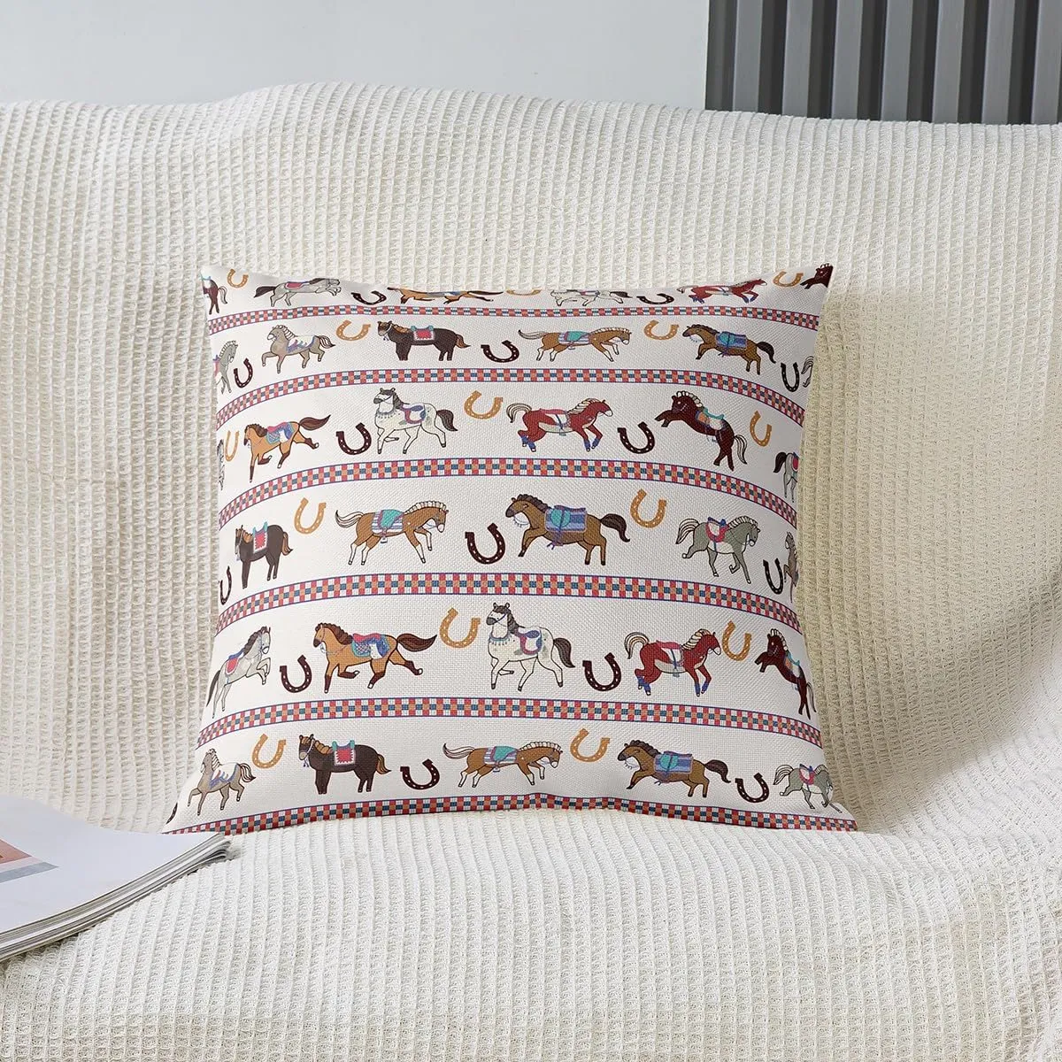 Horses Pattern Pillow Cover,Horseshoe Print Double Sides Print Pillowcase Soft Square Cushion Case,Cartoon Horse Animal Throw Pillow Covers 2 Pack,20"x 20"
