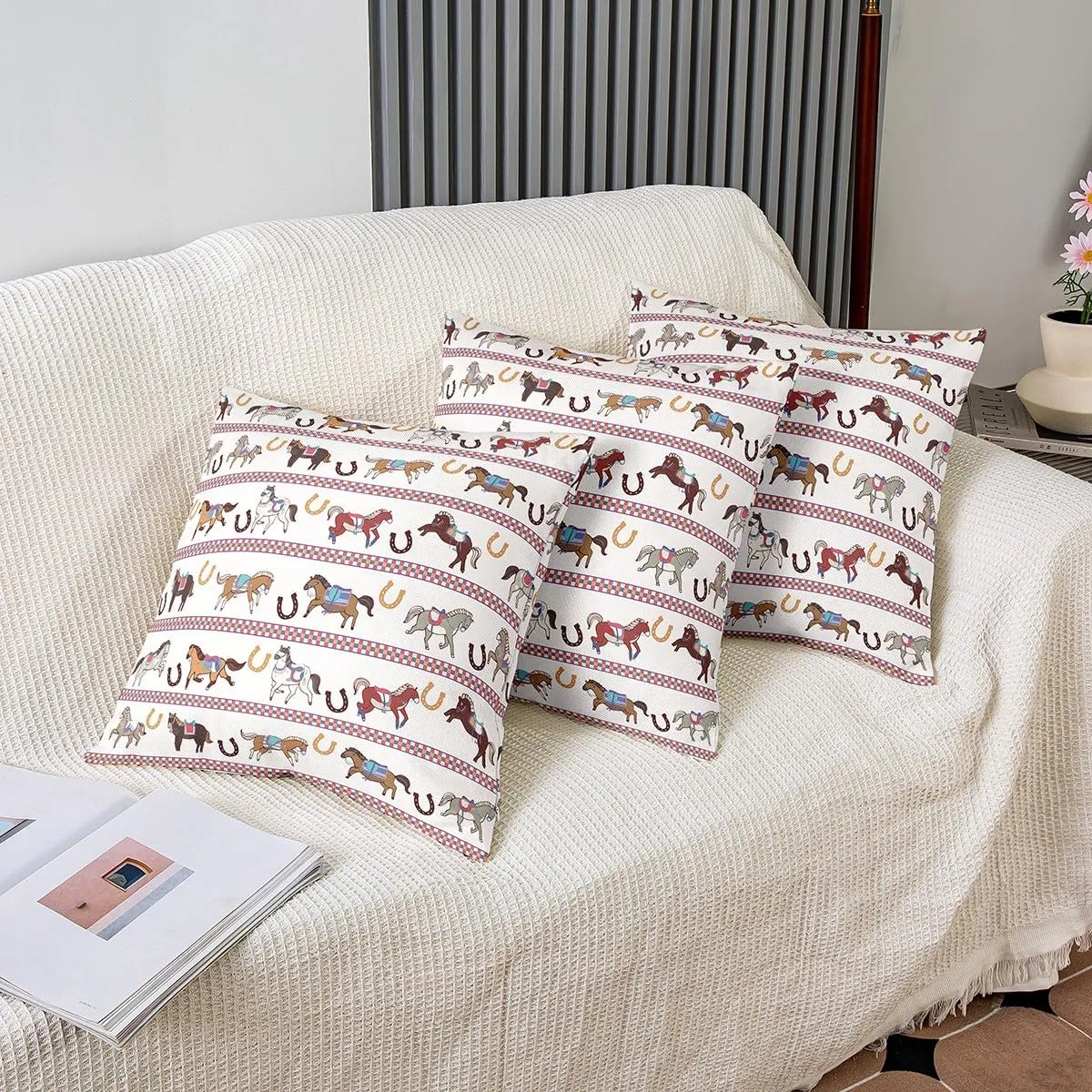 Horses Pattern Pillow Cover,Horseshoe Print Double Sides Print Pillowcase Soft Square Cushion Case,Cartoon Horse Animal Throw Pillow Covers 2 Pack,20"x 20"