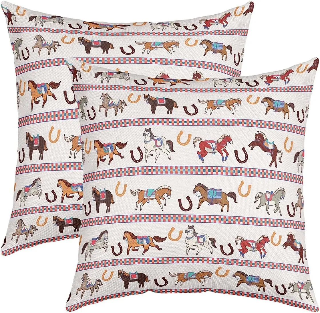 Horses Pattern Pillow Cover,Horseshoe Print Double Sides Print Pillowcase Soft Square Cushion Case,Cartoon Horse Animal Throw Pillow Covers 2 Pack,20"x 20"