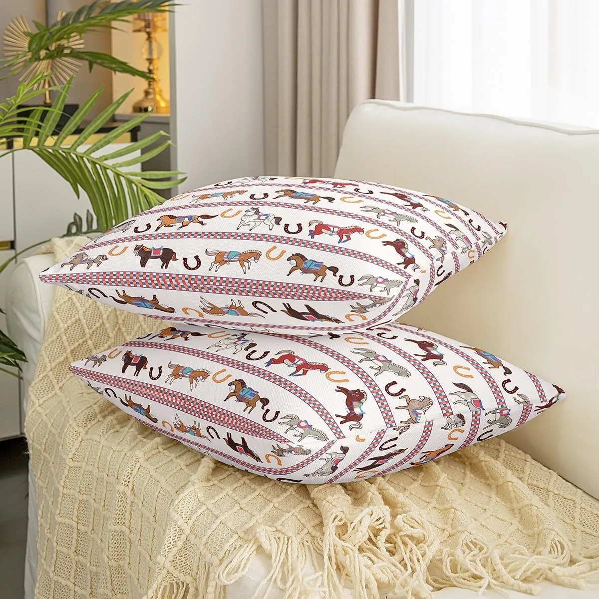 Horses Pattern Pillow Cover,Horseshoe Print Double Sides Print Pillowcase Soft Square Cushion Case,Cartoon Horse Animal Throw Pillow Covers 2 Pack,20"x 20"