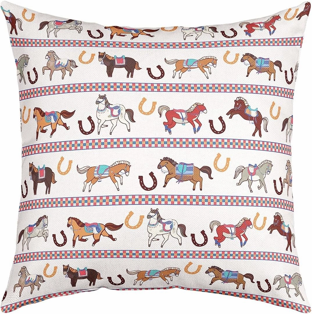 Horses Pattern Pillow Cover 16"x16",Horseshoe Print Pillowcase Soft Square Cushion Case,Cartoon Horse Animal Throw Pillow Cover Double Sides Print,Single Pack