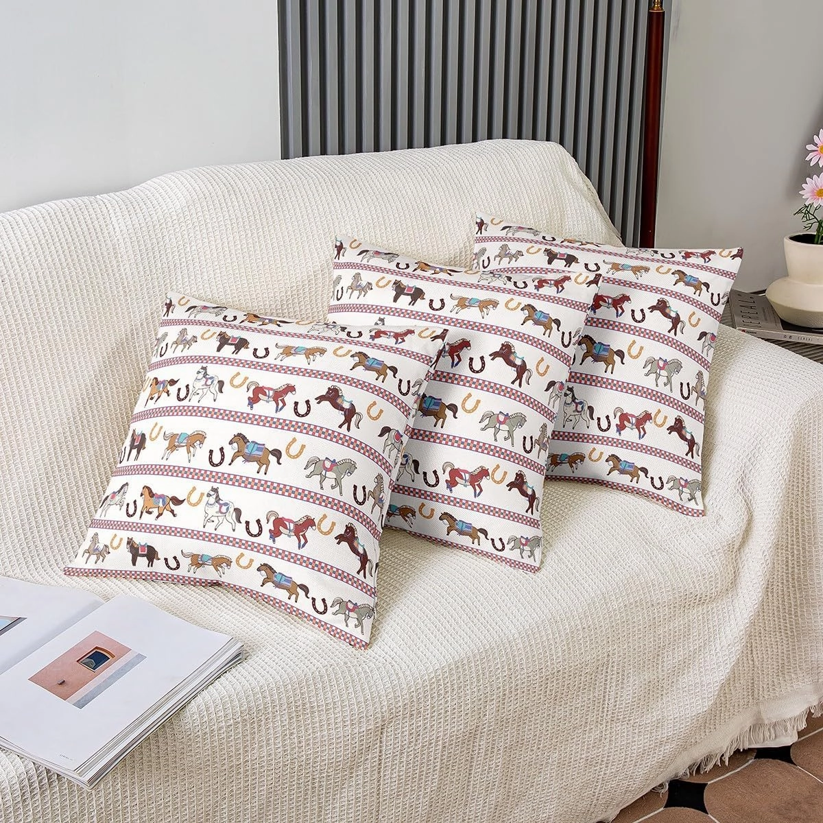 Horses Pattern Pillow Cover 16"x16",Horseshoe Print Pillowcase Soft Square Cushion Case,Cartoon Horse Animal Throw Pillow Cover Double Sides Print,Single Pack