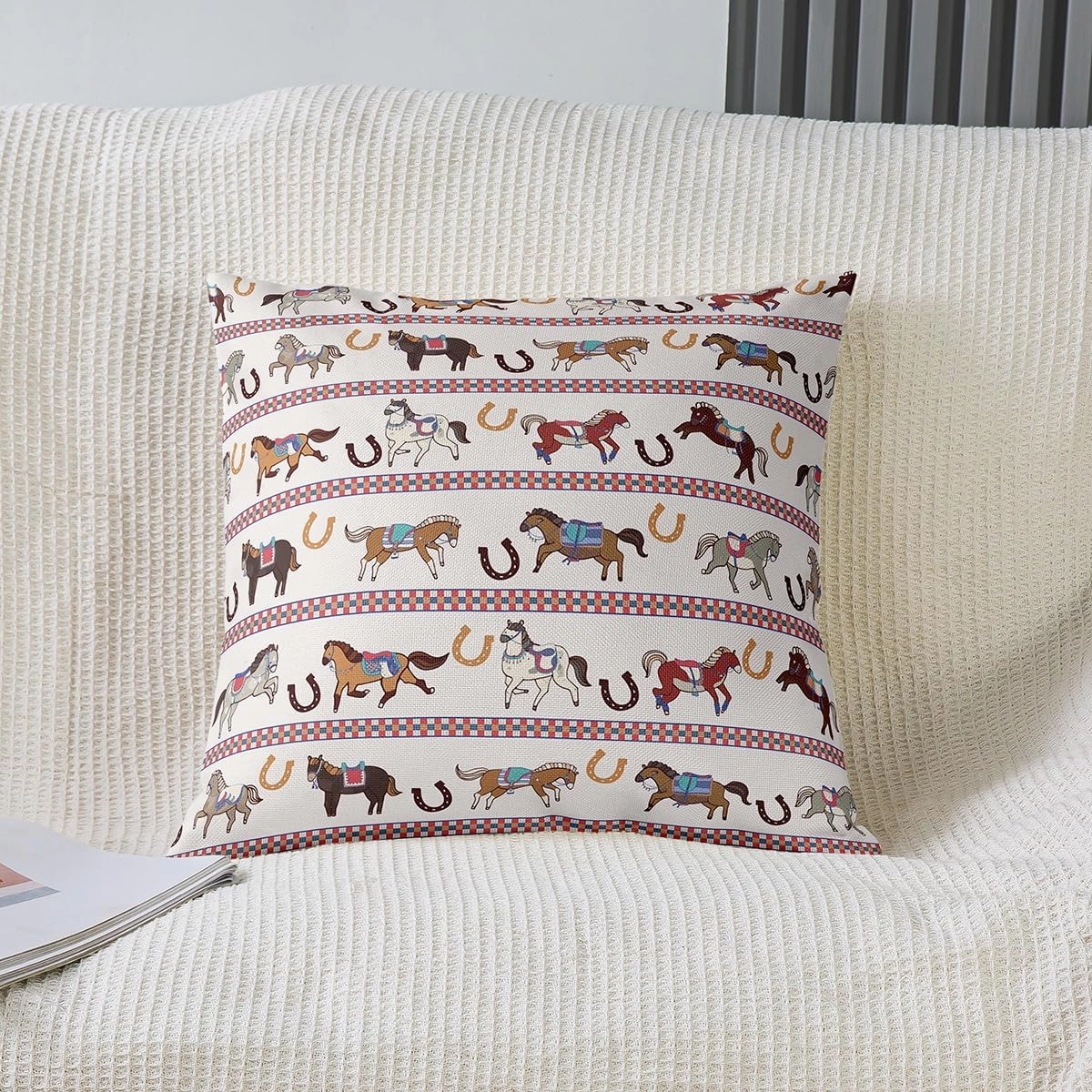 Horses Pattern Pillow Cover 16"x16",Horseshoe Print Pillowcase Soft Square Cushion Case,Cartoon Horse Animal Throw Pillow Cover Double Sides Print,Single Pack