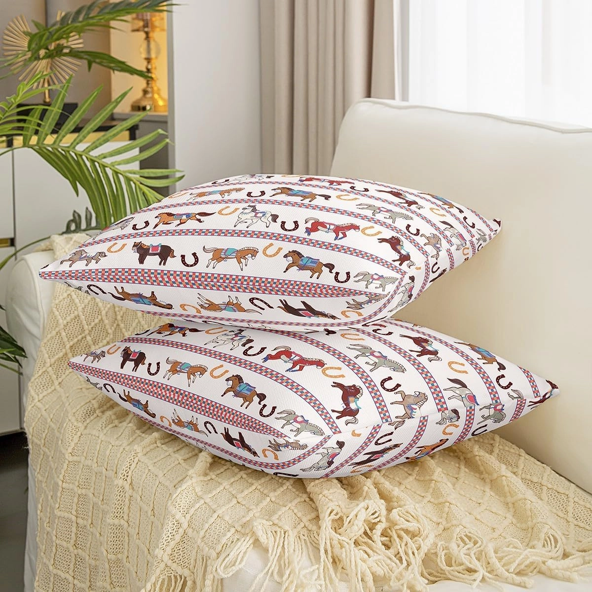 Horses Pattern Pillow Cover 16"x16",Horseshoe Print Pillowcase Soft Square Cushion Case,Cartoon Horse Animal Throw Pillow Cover Double Sides Print,Single Pack